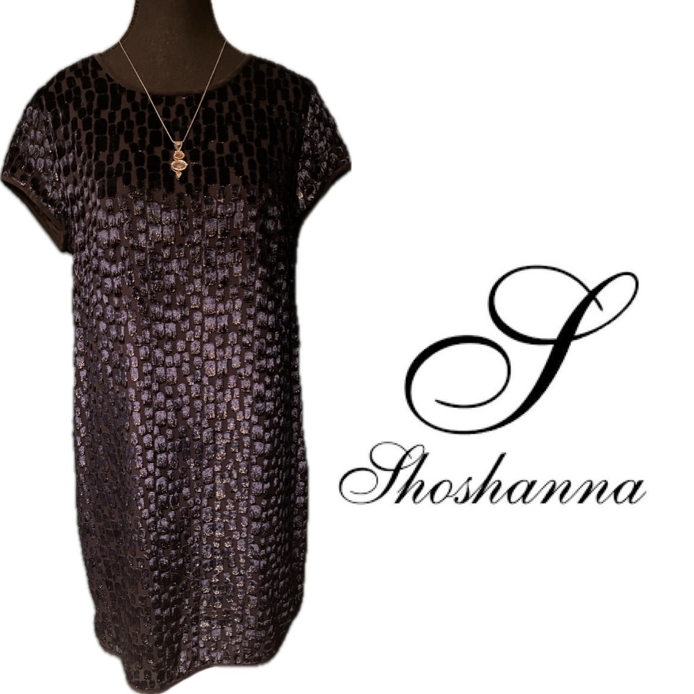 Shoshanna Black with Blue & Metallic Velvet Print, Lined Sheath Dress - sz 4 EUC